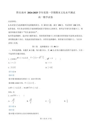 贵州省黔东南苗族侗族自治州2024-2025学年高一上学期期末文化水平测试数学试题  Word版含解析.docx