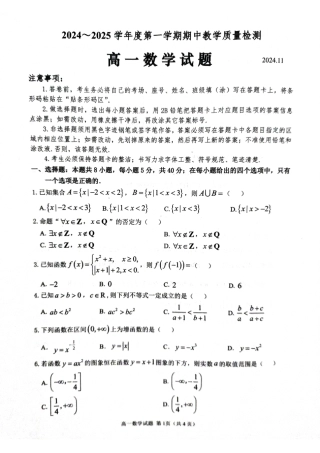 山东省聊城市2024-2025学年高一上学期11月期中教学质量检测数学试题.pdf
