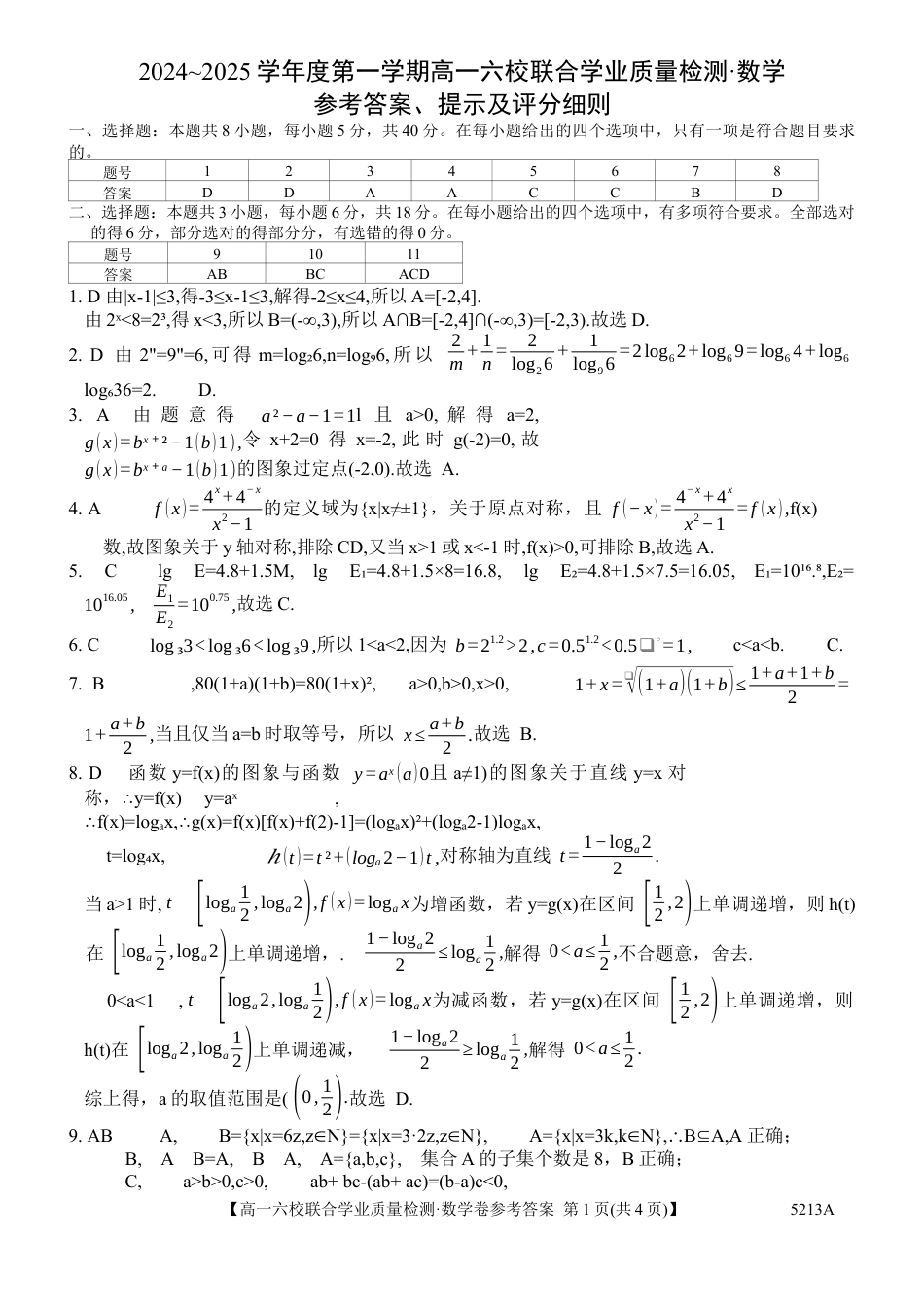 广东省六校（茂名一中，惠州一中，河源一中等）2024-2025学年高一上学期12月联合考试数学答案.docx_第1页