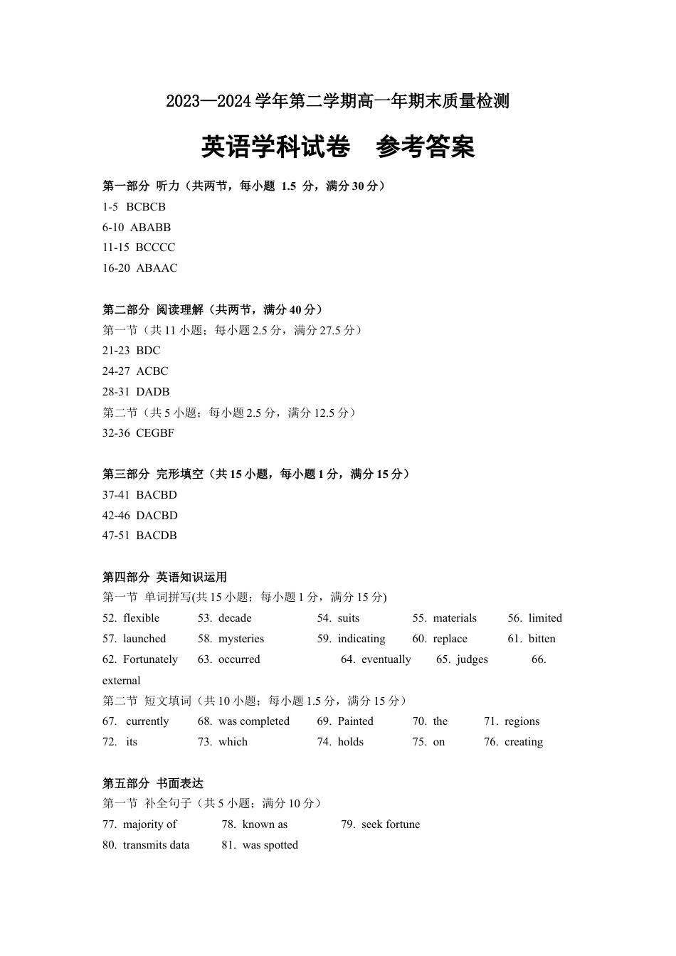 福建省福清市2023-2024学年高一下学期期末考试_高一英语期末质量检测答案.docx_第1页