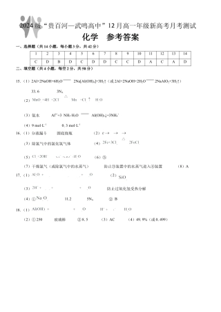 （化学）2024级“贵百河—武鸣高中”12月高一月考 参考答案及 详解+评分细则.docx