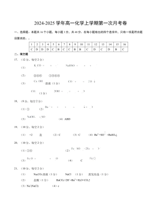 2024-2025学年高中上学期第一次月考_高一化学第一次月考卷（参考答案） (2).docx