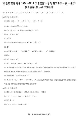 甘肃省酒泉市2024-2025学年高一上学期1月期末考试  化学  PDF版含答案_hx1 25042A酒泉期末-化学 da.pdf