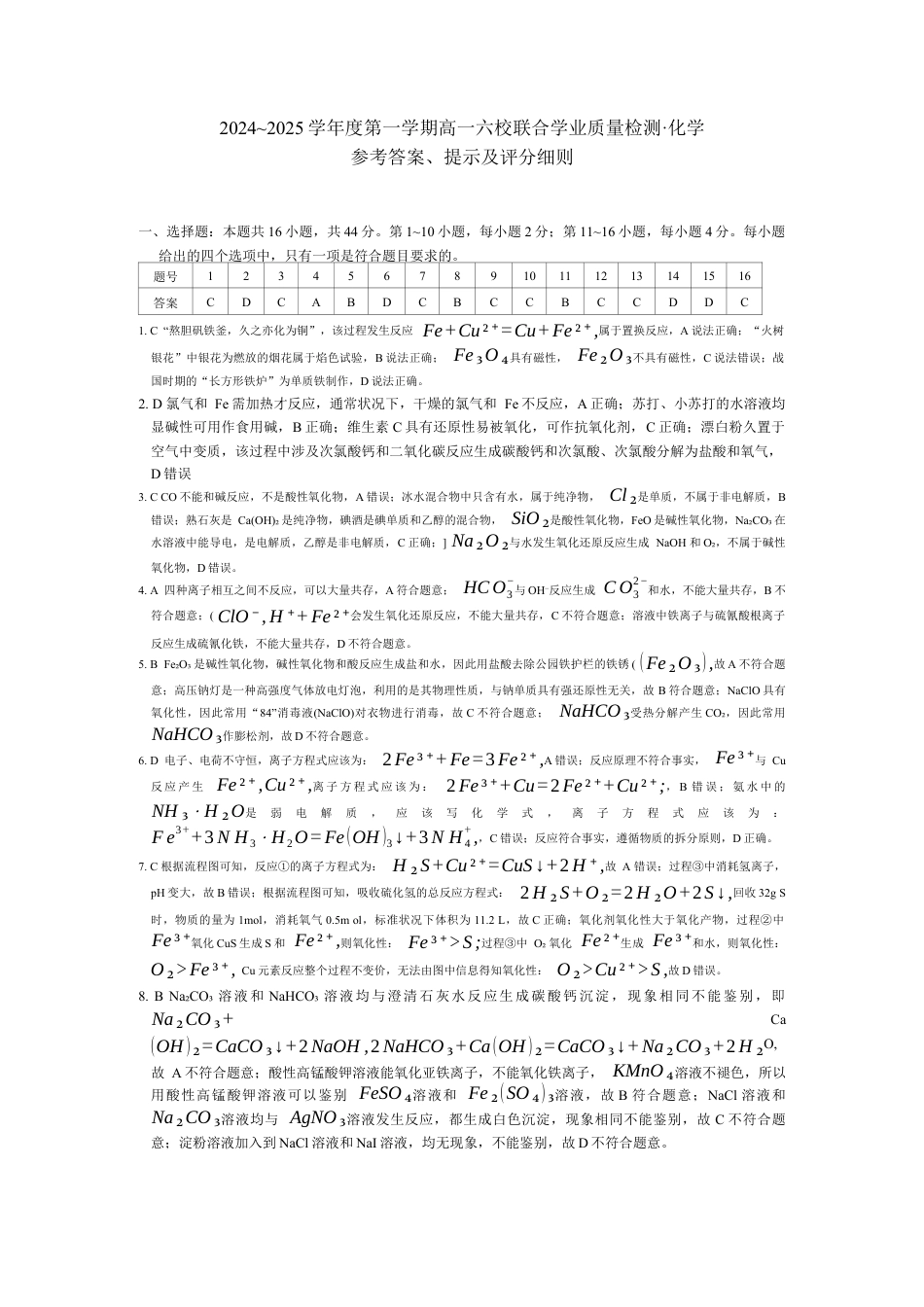广东省六校（茂名一中，惠州一中，河源一中等）2024-2025学年高一上学期12月联合考试化学答案.docx_第1页