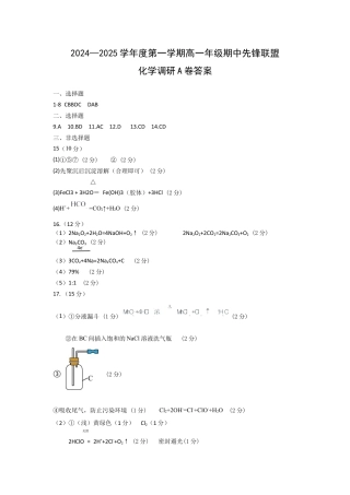 海南省先锋联盟2024-2025学年高一上学期11月期中考试化学试题含答案_化学A 卷答案.docx