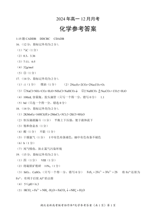 湖北省新高考联考协作体2024-2025学年高一上学期12月联考化学试卷含答案_高一化学答案.pdf