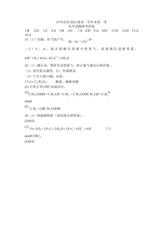 泸州市高2023级高一学年末统一考化学试题答案.docx