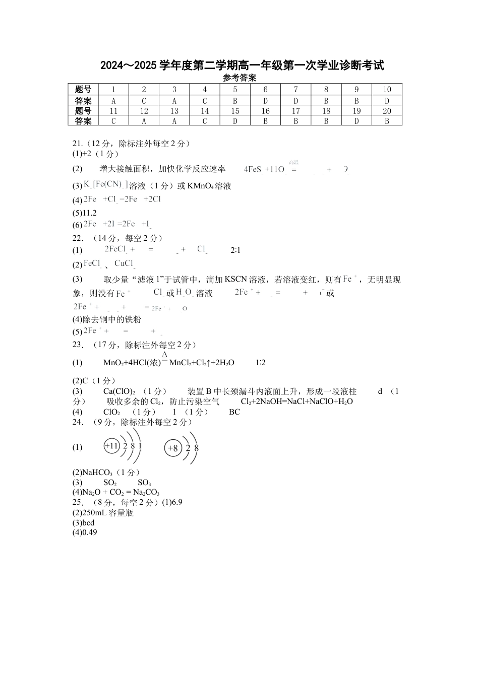 内蒙古自治区巴彦淖尔市第一中学2024-2025学年高一下学期第一次学业诊断化学试题_答案.docx_第1页