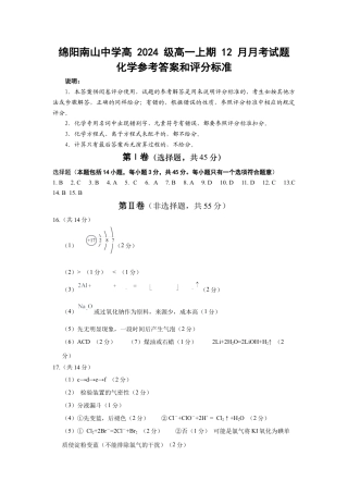 四川省绵阳市南山中学2024-2025学年高一上学期12月月考化学试题 PDF版含答案_12 月月考化学答案.docx