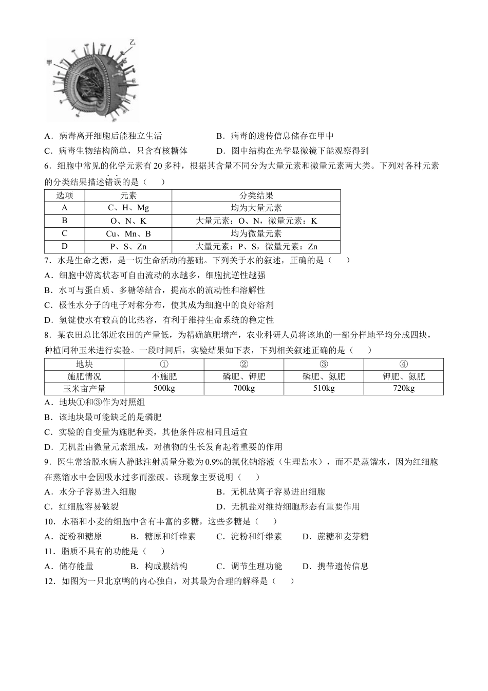 安徽省亳州市涡阳县2024-2025学年高一上学期11月期中（第二次月考）生物试题 Word版含解析.docx_第2页