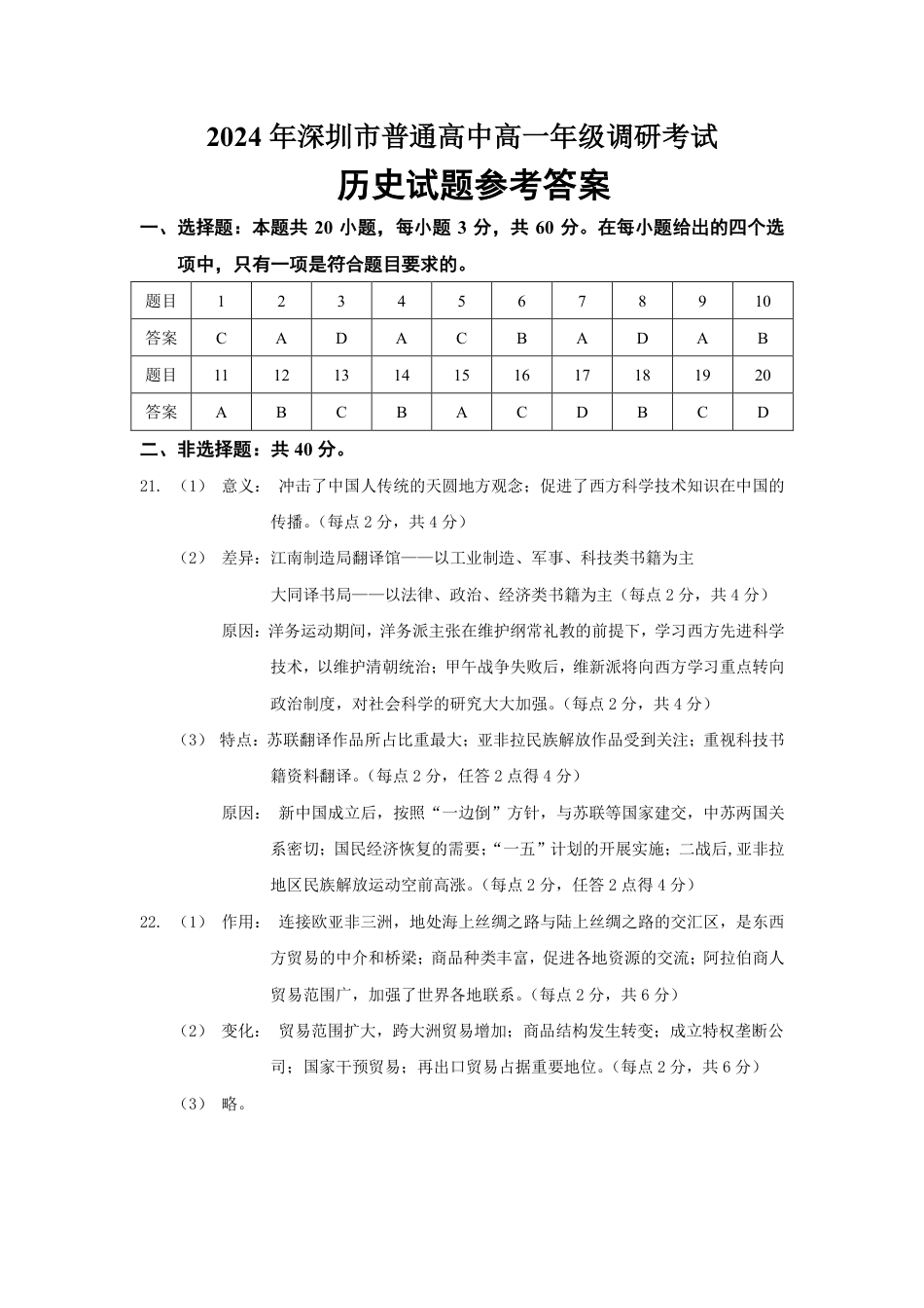 广东省深圳市2023-2024学年高一下学期期末调研考试_高一历史答案.pdf_第1页