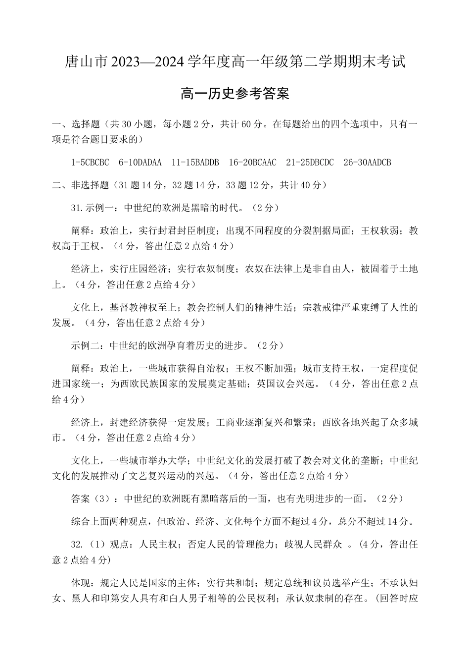 河北省唐山市2023-2024学年高一下学期7月期末考试_高一下期末历史答案.docx_第1页
