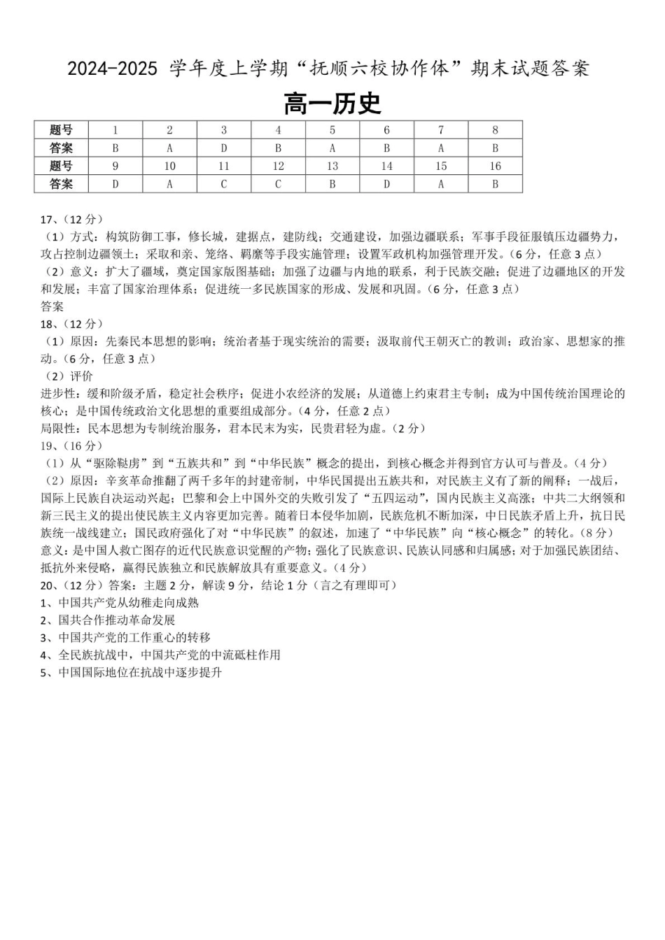辽宁省抚顺市省重点高中六校协作体2024-2025学年高一上学期期末考试历史答案（图片版）.pdf_第1页