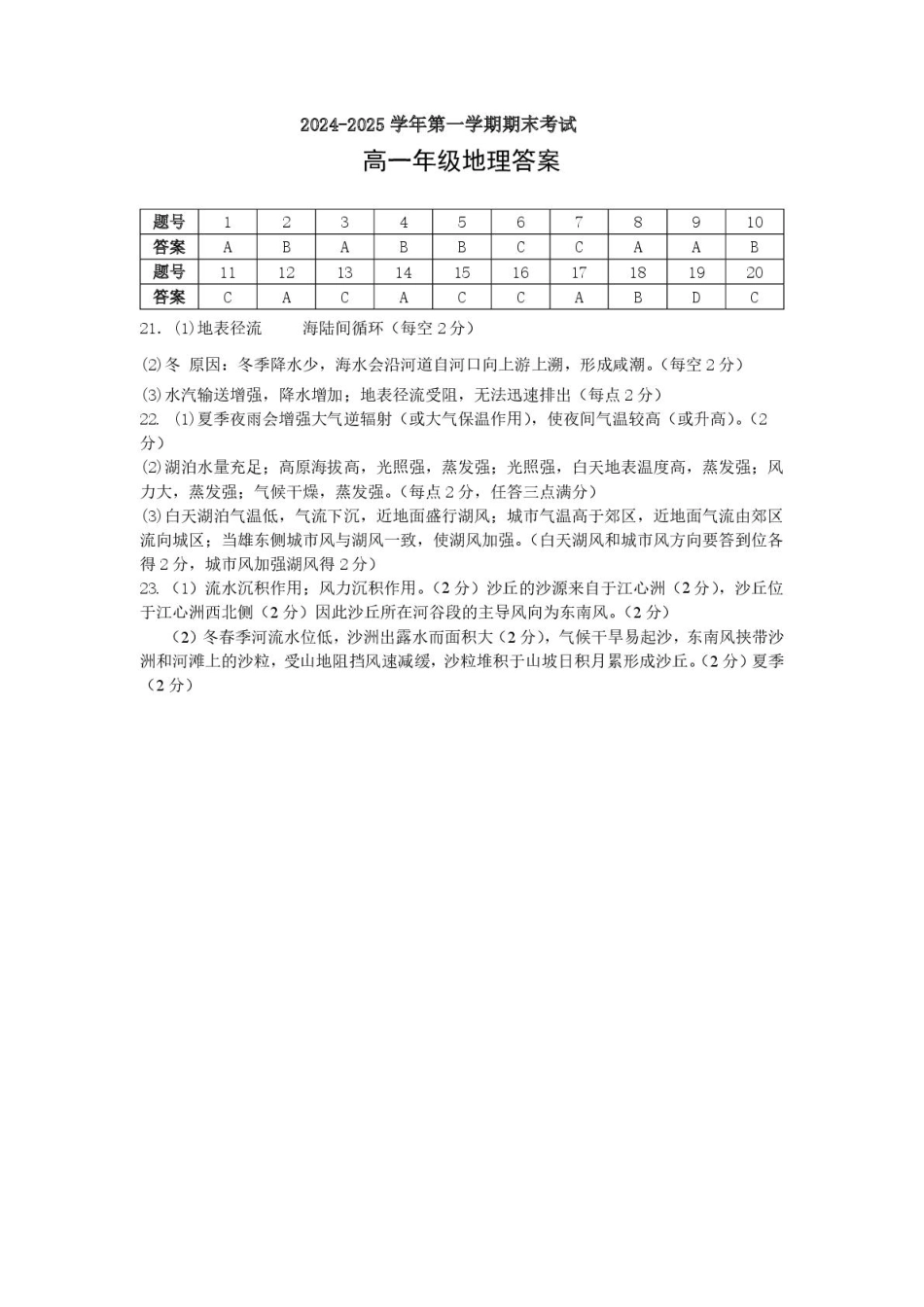 合肥六校联盟2024-2025学年第一学期期末联考高一年级地理 2024-2025学年第一学期期末考试答案.pdf_第1页