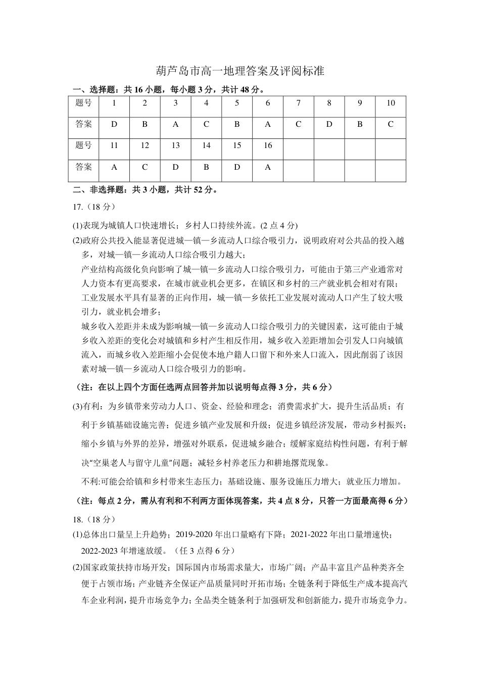 葫芦岛市高一地理答案及评阅标准.pdf_第1页