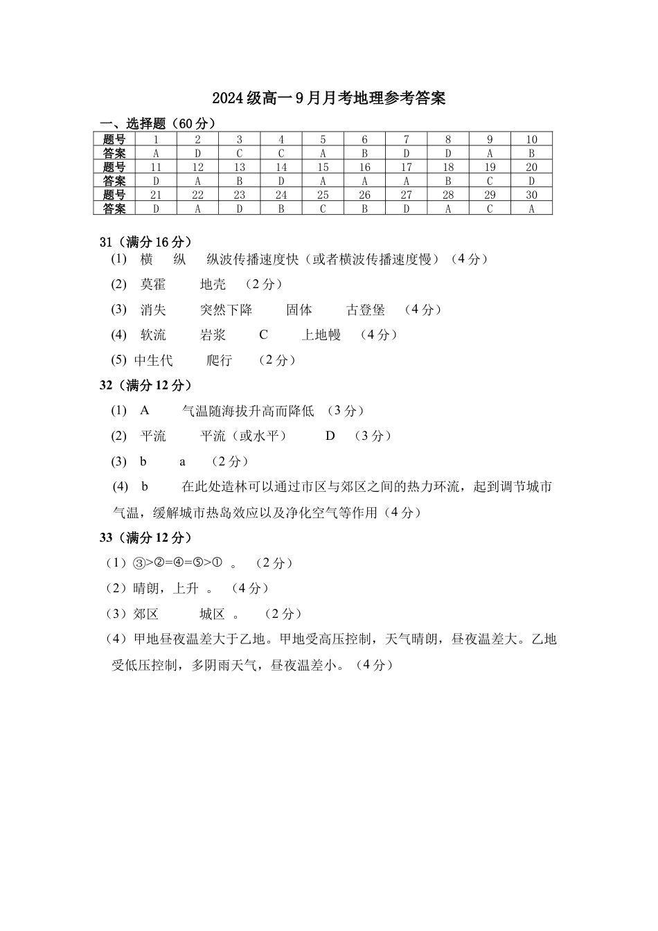 湖北省荆州中学2024-2025学年高一上学期9月月考_高一9月月考地理答案.docx_第1页