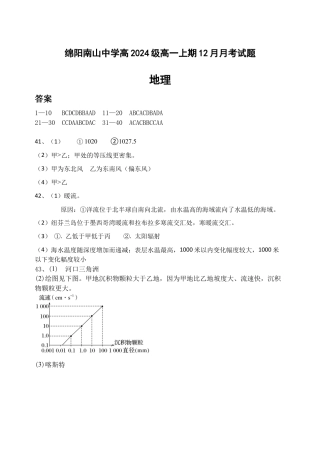 绵阳南山中学高2024级高一上期12月月考试题地理答案docx.docx
