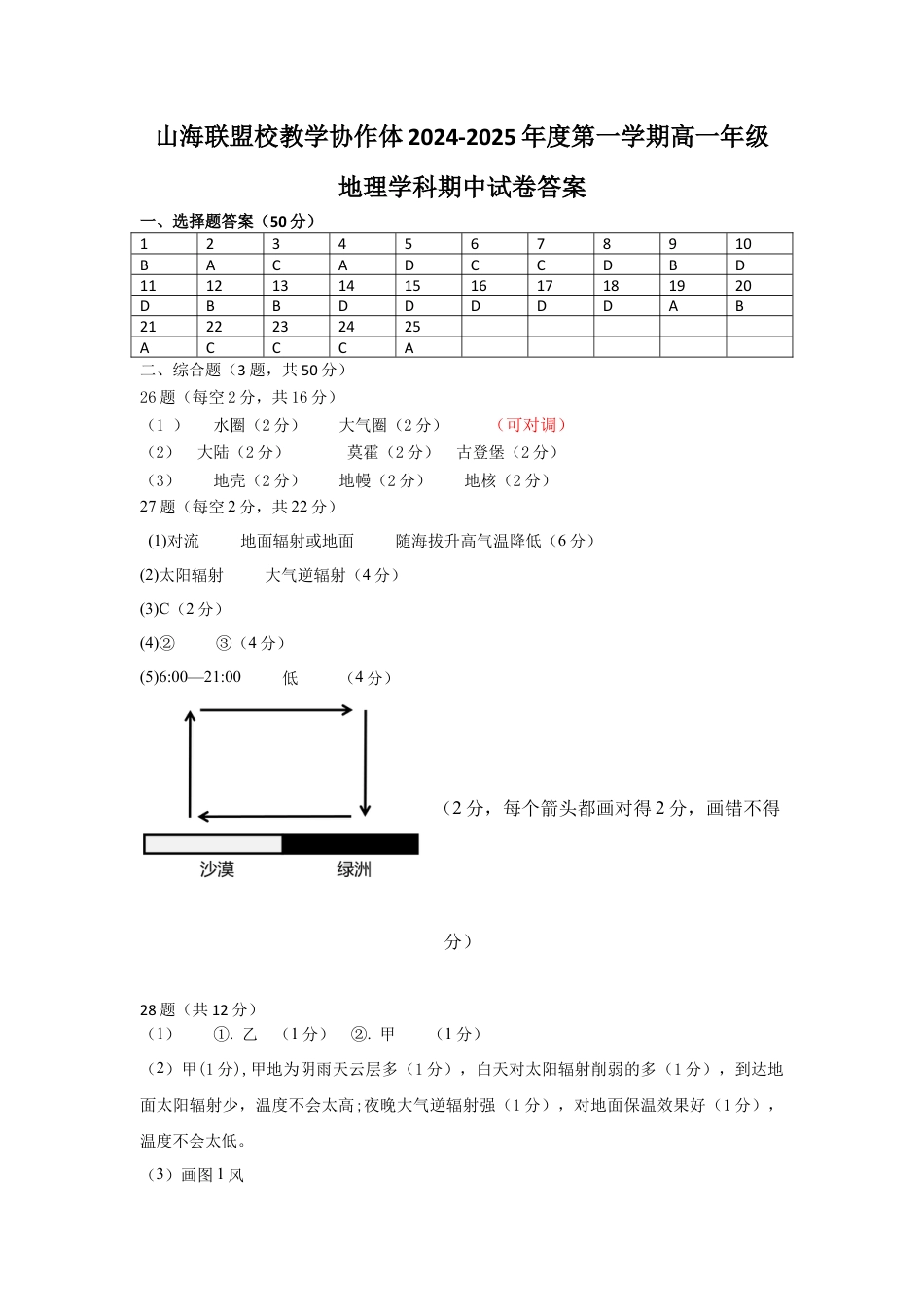 山海联盟校教学协作体2024-2025年度第一学期高一年级地理学科期中试卷答案.docx_第1页