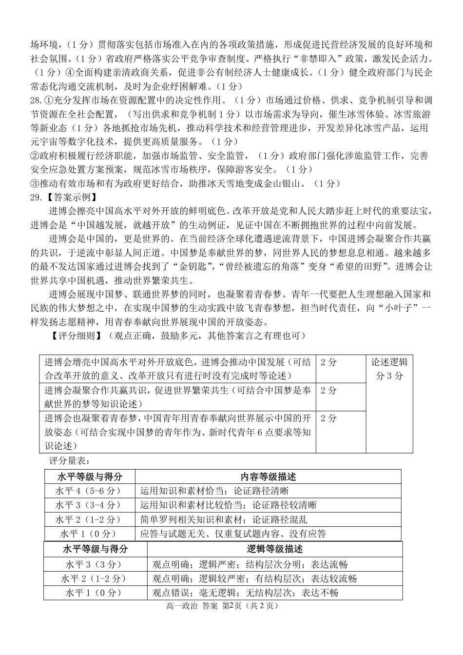 浙江省金华市卓越联盟高一12月阶段性联考全科试卷及答案_政治答案.pdf_第2页