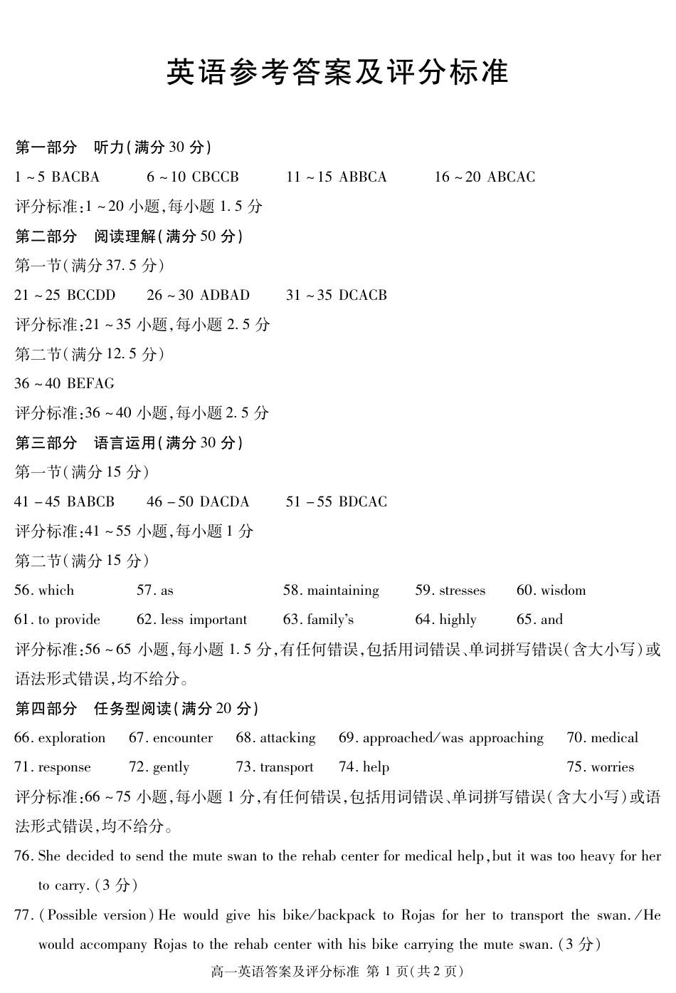 四川省遂宁市2024-2025学年高一上学期期末英语试题（ PDF版含解析，有听力音频有听力原文）_2027届地区期末英语答案(简答).pdf_第1页