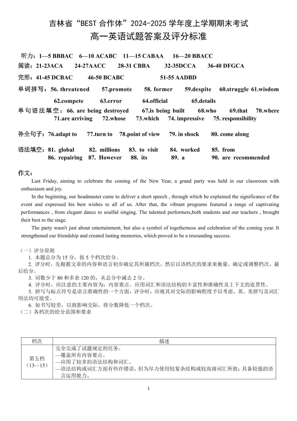 吉林省“BEST合作体”2024-2025学年高一上学期期末考试英语答案（图片版）.pdf_第1页