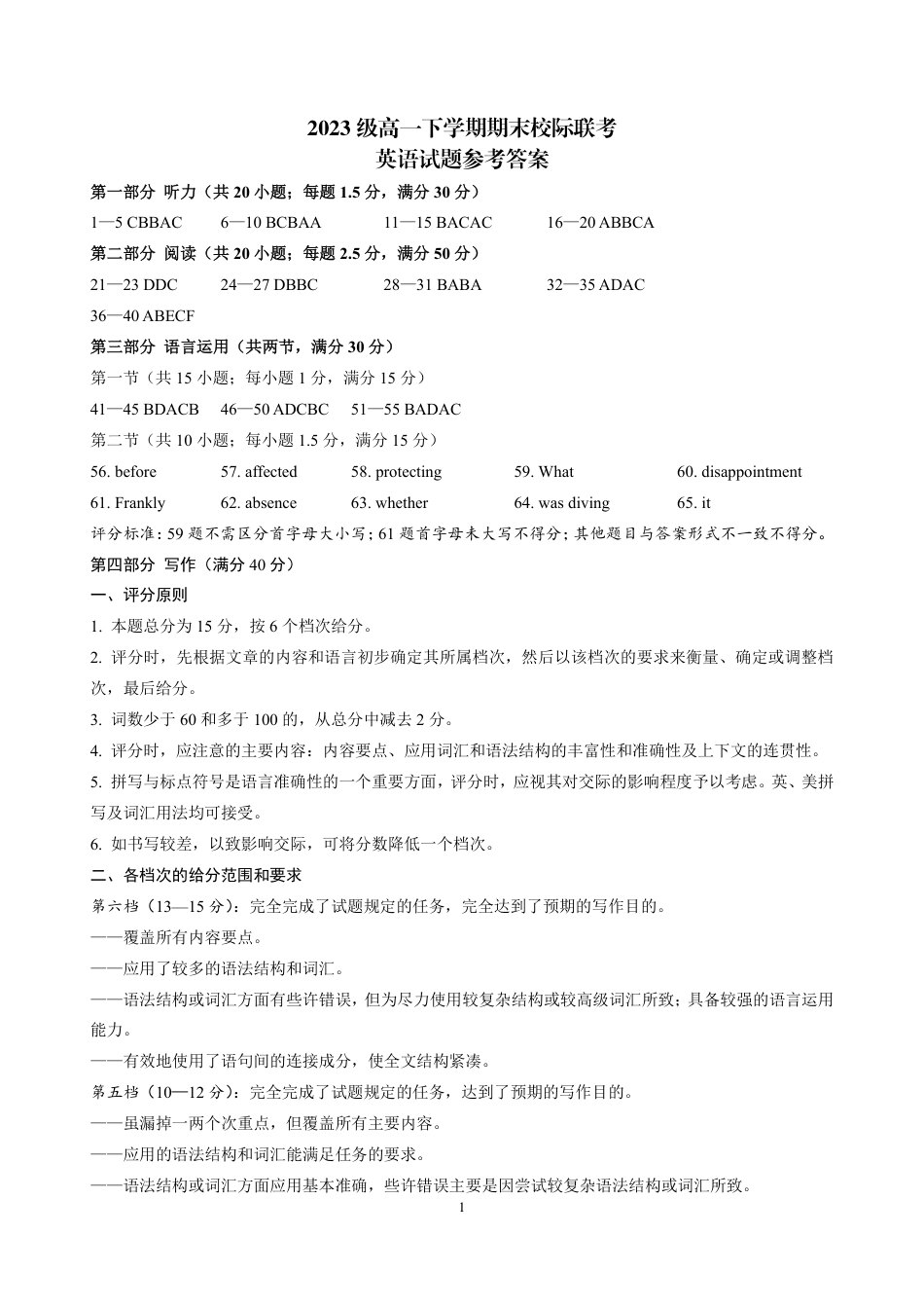 山东省日照市2023-2024学年高一下学期期末考试英语试题 答案部分.pdf_第1页