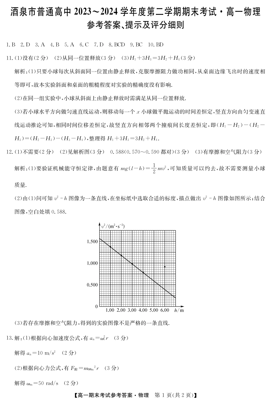 甘肃省酒泉市2023-2024学年高一下学期期末考试(078A)_24078A酒泉联考-物理 da.pdf_第1页