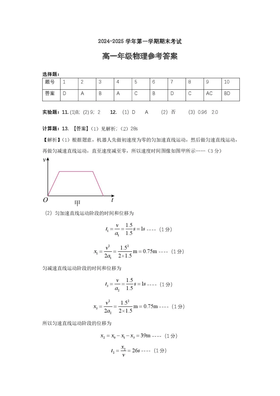 合肥六校联盟2024-2025学年第一学期期末联考高一年级物理 高一物理答案.pdf_第1页