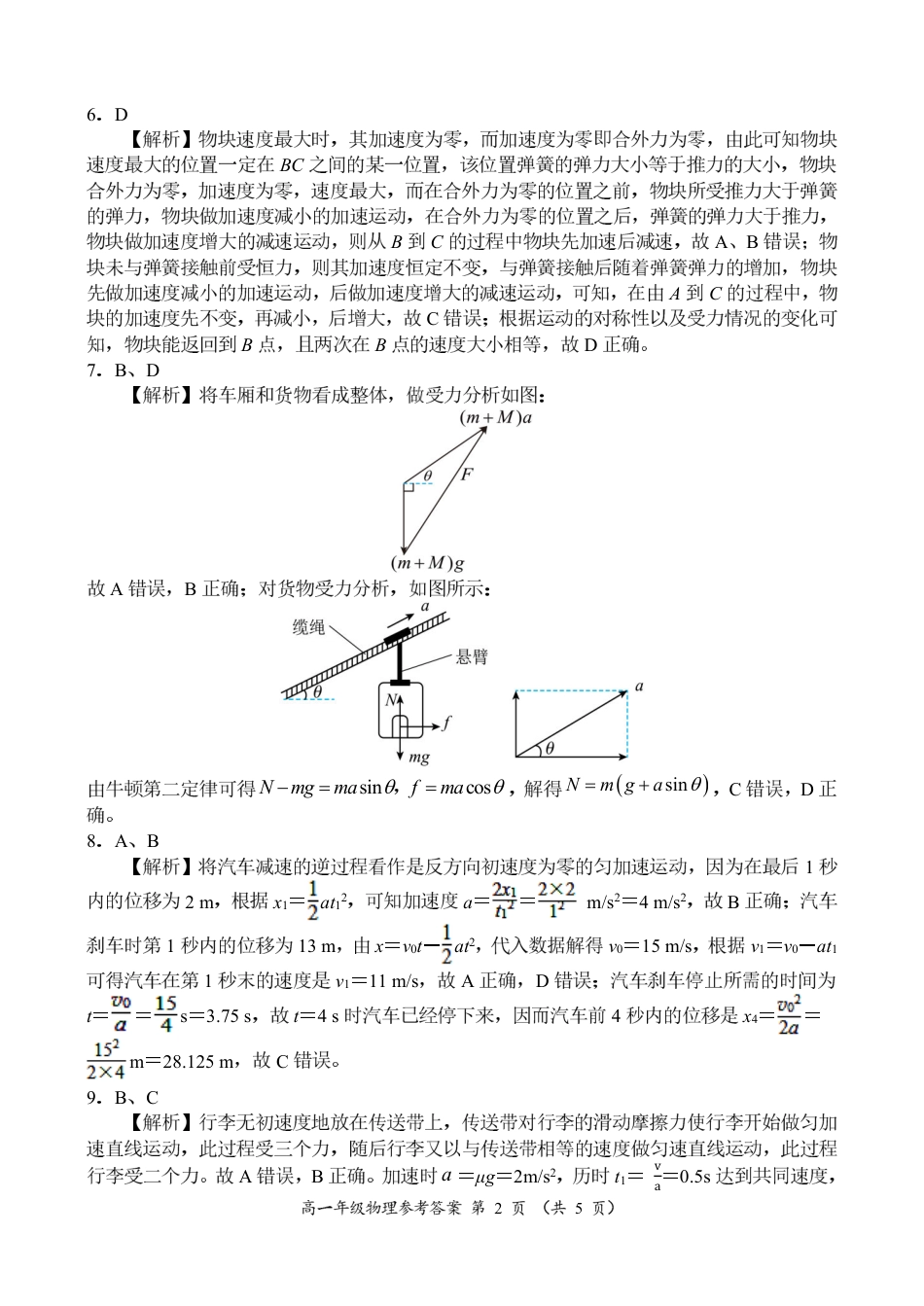 河南省南阳市六校联考2024-2025学年高一上学期12月月考物理试题_高一物理参考答案.pdf_第2页