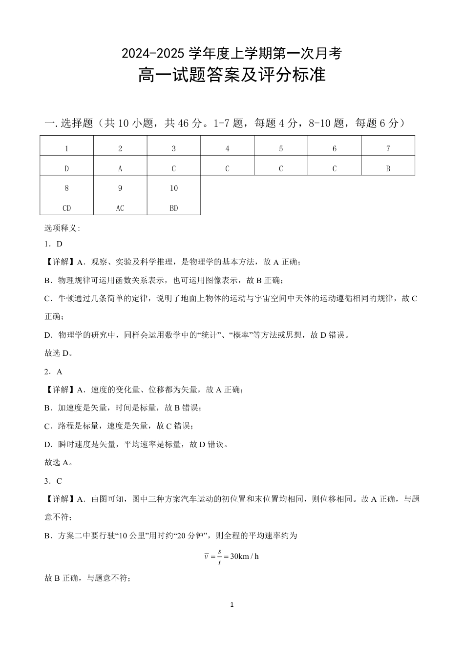 吉林省部分学校2024-2025学年高一上学期10月月考物理试题.docx_高一物理答案.pdf_第1页