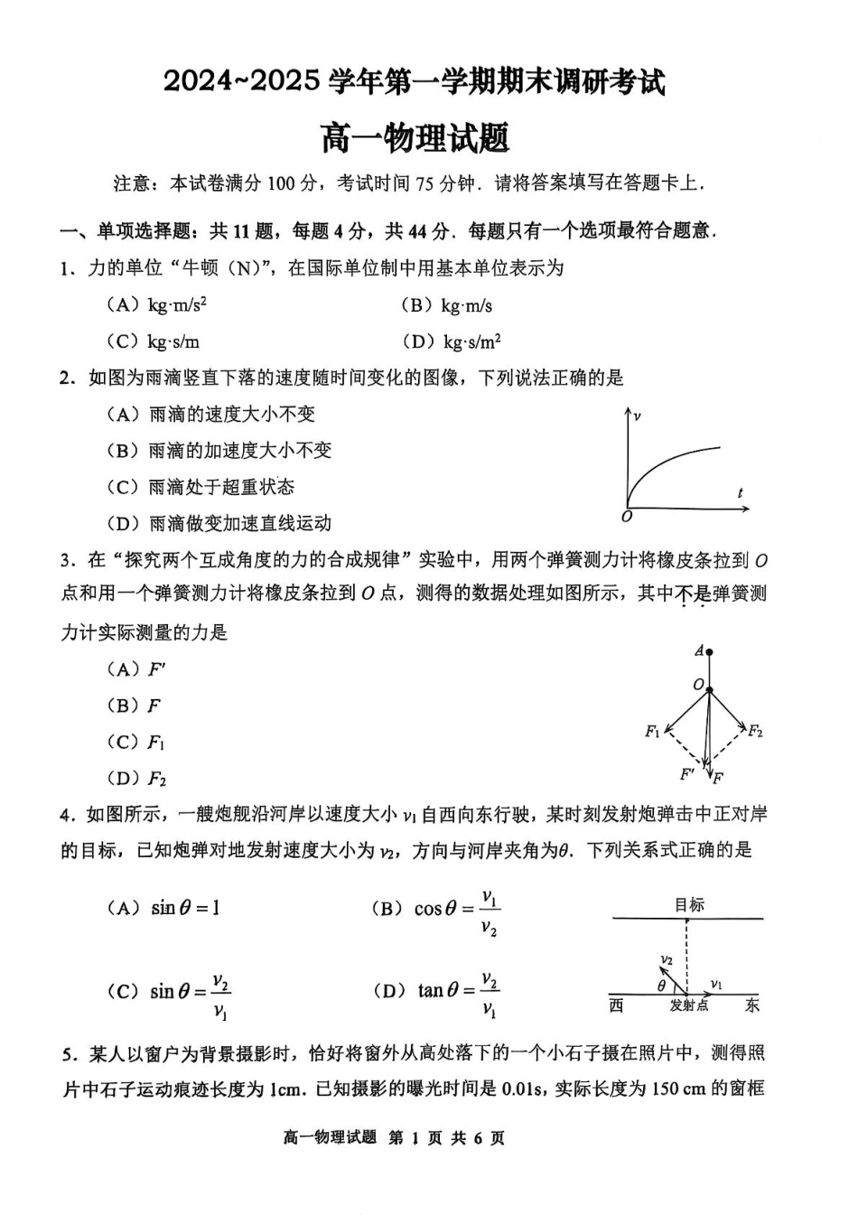 江苏省连云港市2024-2025学年高一上学期期末调研考试 物理 PDF版含答案.pdf_第1页