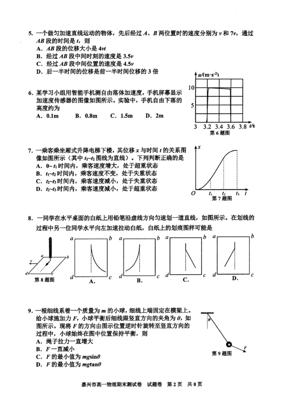 浙江省嘉兴市2024-2025学年高一上学期期末检测试题 物理 PDF版含答案.pdf_第2页