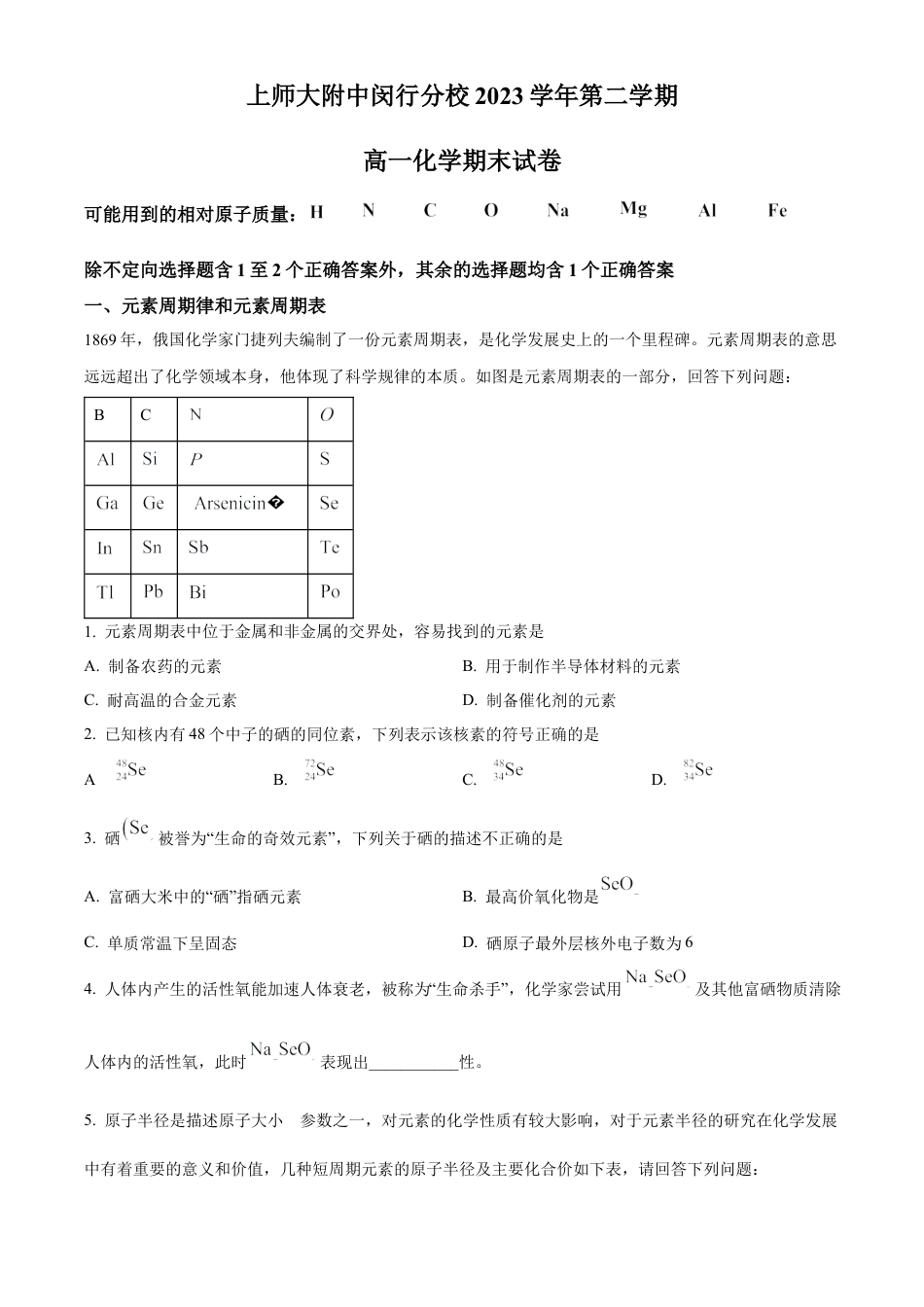 上海市上海师范大学附属中学闵行分校2023-2024学年高一下学期6月期末考试化学试题.docx_第1页