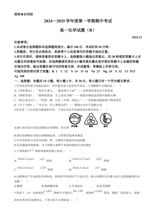山东省菏泽市2024-2025学年高一上学期11月期中考试 化学试题（B卷）（含答案）.docx
