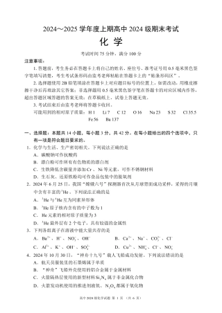 2024～2025学年度上期高中2024级期末考试化学试题（6页）.pdf