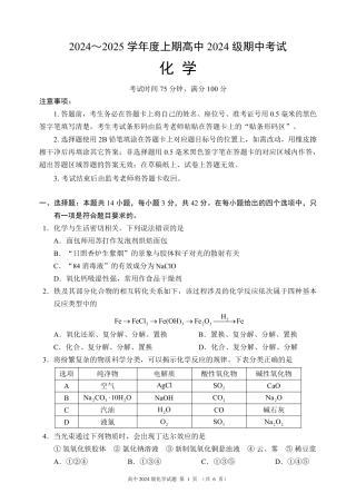 2024～2025学年度上期高中2024级期中考试化学试题.pdf
