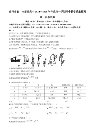 安徽省宿州市省、市示范高中2024-2025学年高一上学期11月期中考试 化学（含答案）.docx