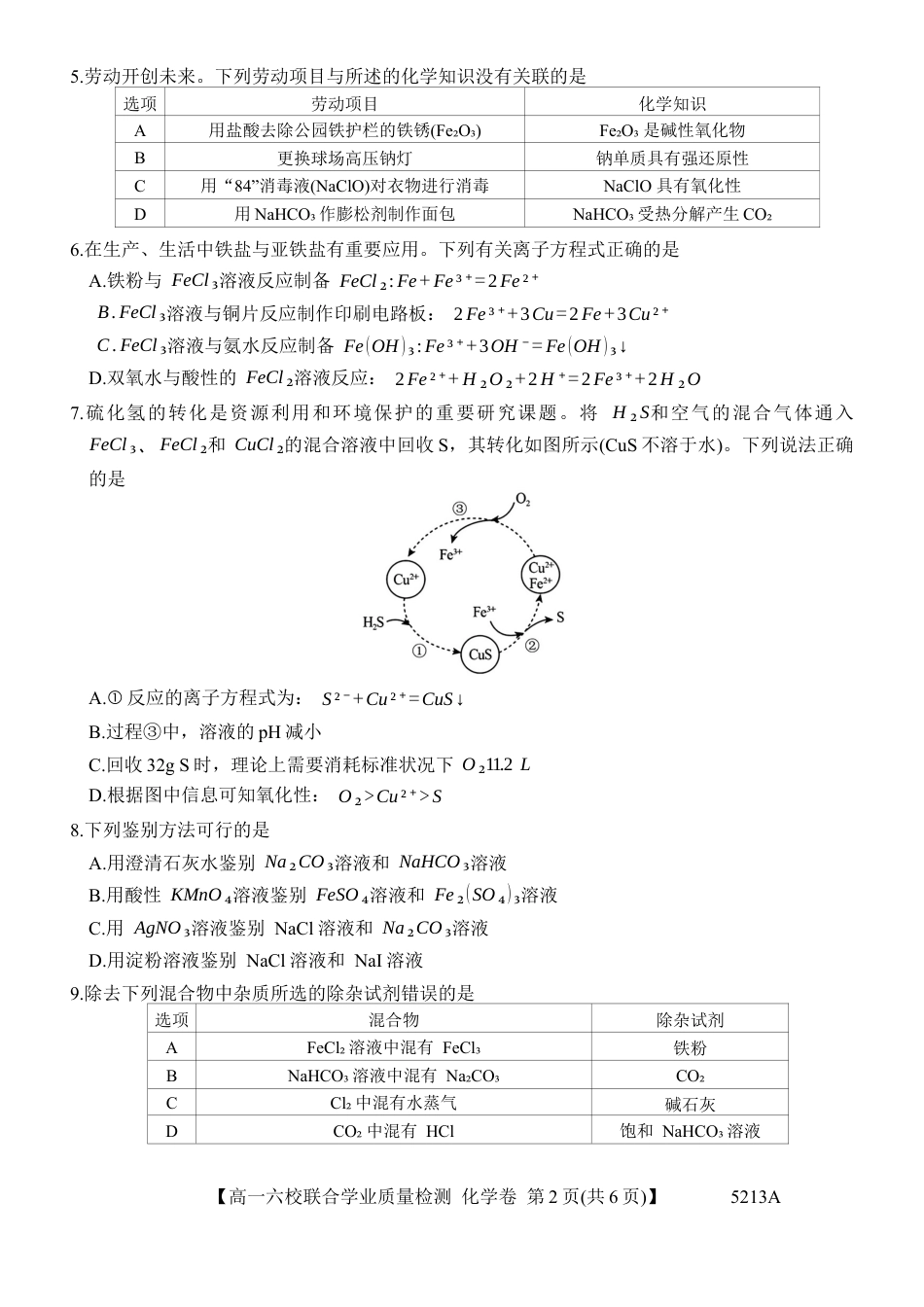 广东省六校（茂名一中，惠州一中，河源一中等）2024-2025学年高一上学期12月联合考试化学试题.docx_第2页