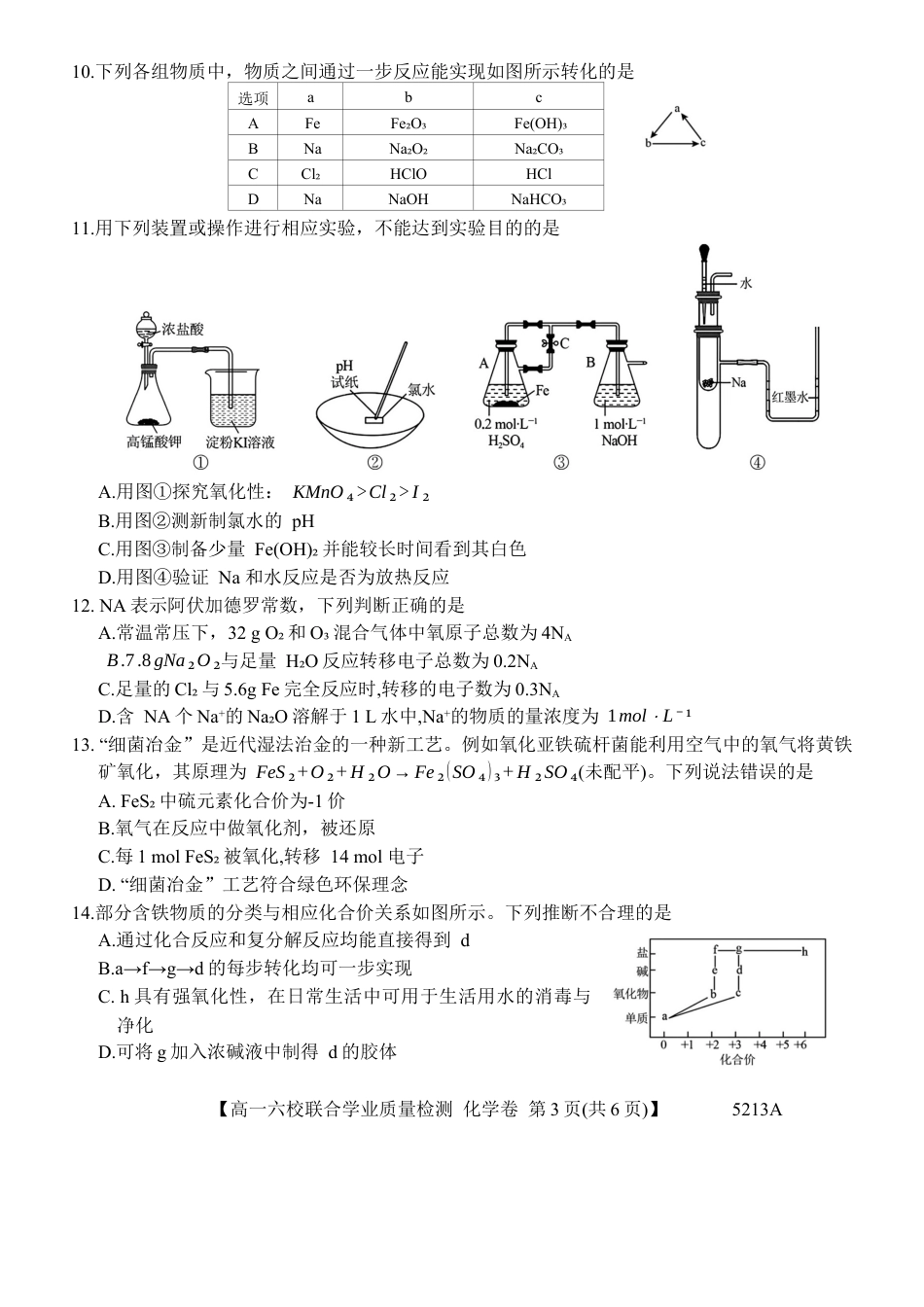 广东省六校（茂名一中，惠州一中，河源一中等）2024-2025学年高一上学期12月联合考试化学试题.docx_第3页