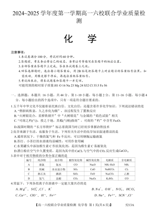 广东省六校（茂名一中，惠州一中，河源一中等）2024-2025学年高一上学期12月联合考试化学试题.docx