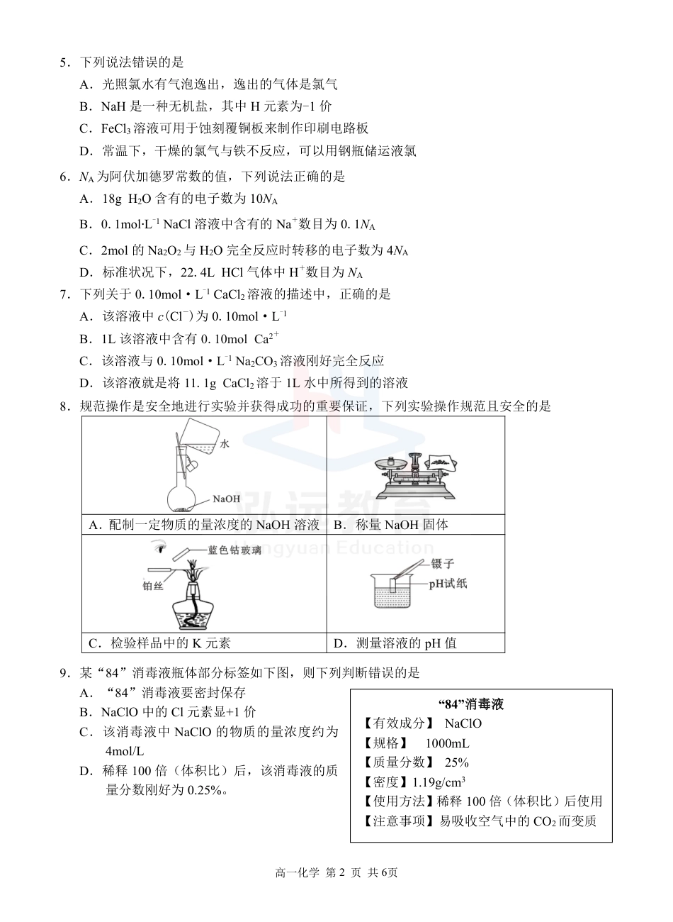 广西河池市2024-2025学年高一上学期12月联盟考试化学_高一化学 试题（新）.pdf_第2页