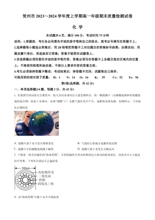 广西贺州市2023-2024学年高一上学期期末考试化学试题  Word版无答案.docx