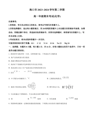 海南省海口市2023-2024学年高一下学期期末考试化学试题 .docx