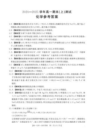 河南省新乡市2024-2025学年高一上学期期末考试  化学  PDF版含答案_化学 化学314A答案.pdf