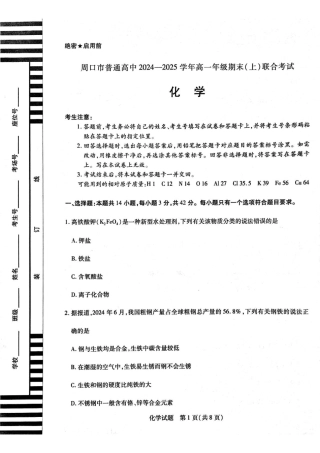 河南省周口市2024-2025学年高一上学期1月期末考试 化学 PDF版含解析.pdf