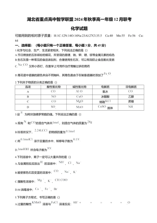 湖北省重点高中智学联盟2024-2025学年高一上学期12月月考化学试题 （含答案）.docx