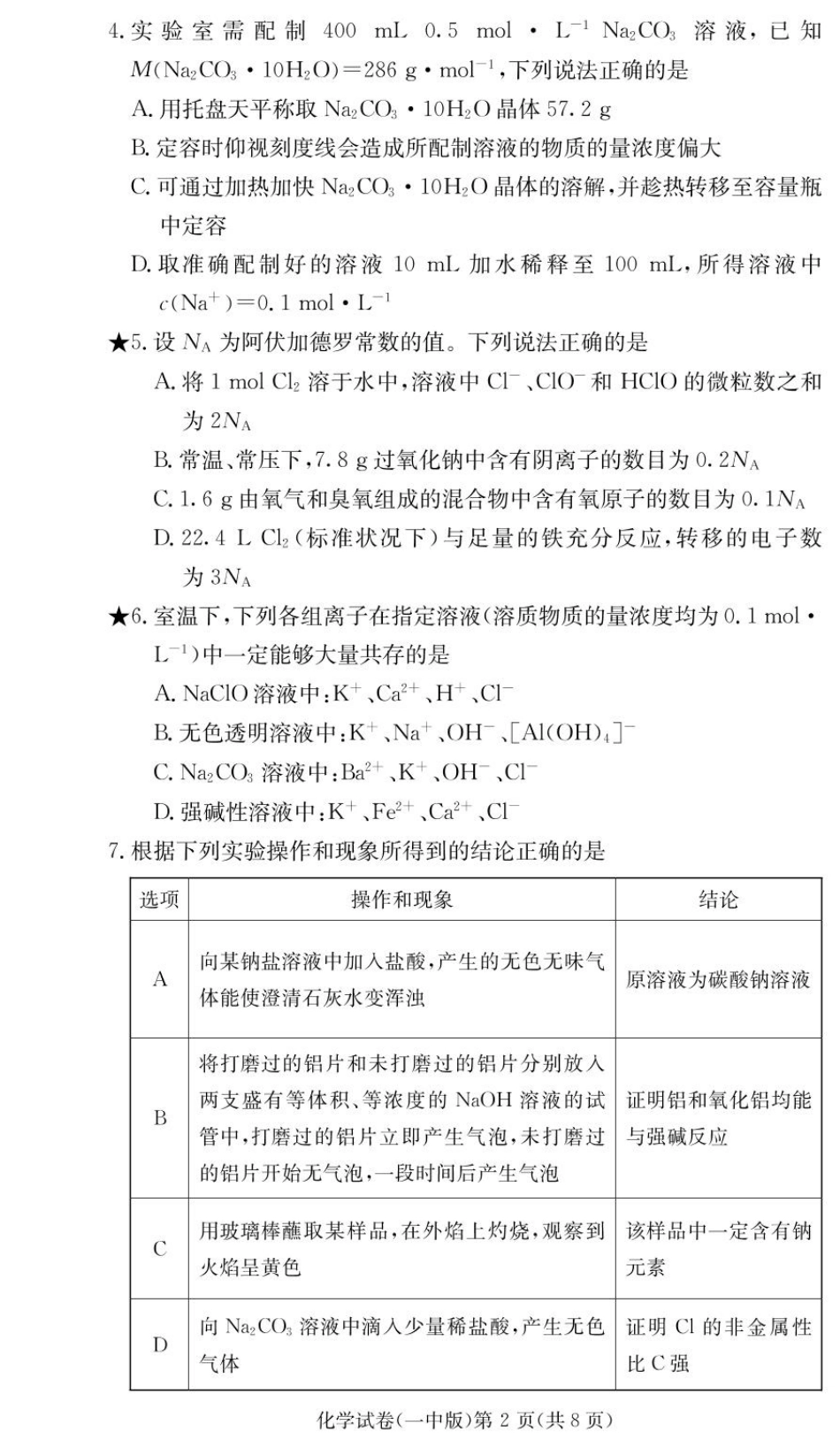 湖南省长沙市第一中学2024-2025学年高一下学期入学考试化学试题（PDF版，含答案）_化学试卷（高一入学Y）.pdf_第2页