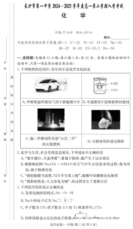 湖南省长沙市第一中学2024-2025学年高一下学期入学考试化学试题（PDF版，含答案）_化学试卷（高一入学Y）.pdf