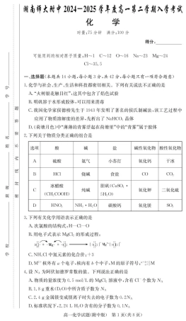 湖南师范大学附属中学2024-2025学年高一下学期入学考试化学试题（PDF版，含答案）_化学试卷（附中高一入学2期）.pdf