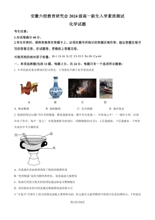 化学试题-安徽六校教育研究会2024-2025学年高一上学期新生入学素质测试.pdf